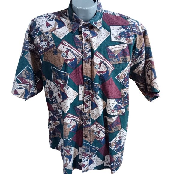 Vintage Men's Shirt Large American Eagle Outfitters Cotton Postcard Print USA - Picture 2 of 5